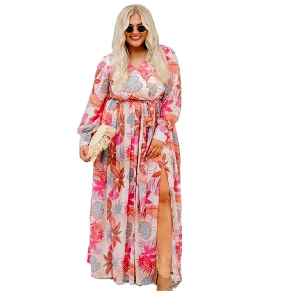 NEW - Multicolor Tropical Palm Print Tie High Waist Maxi Dress - Size 3X